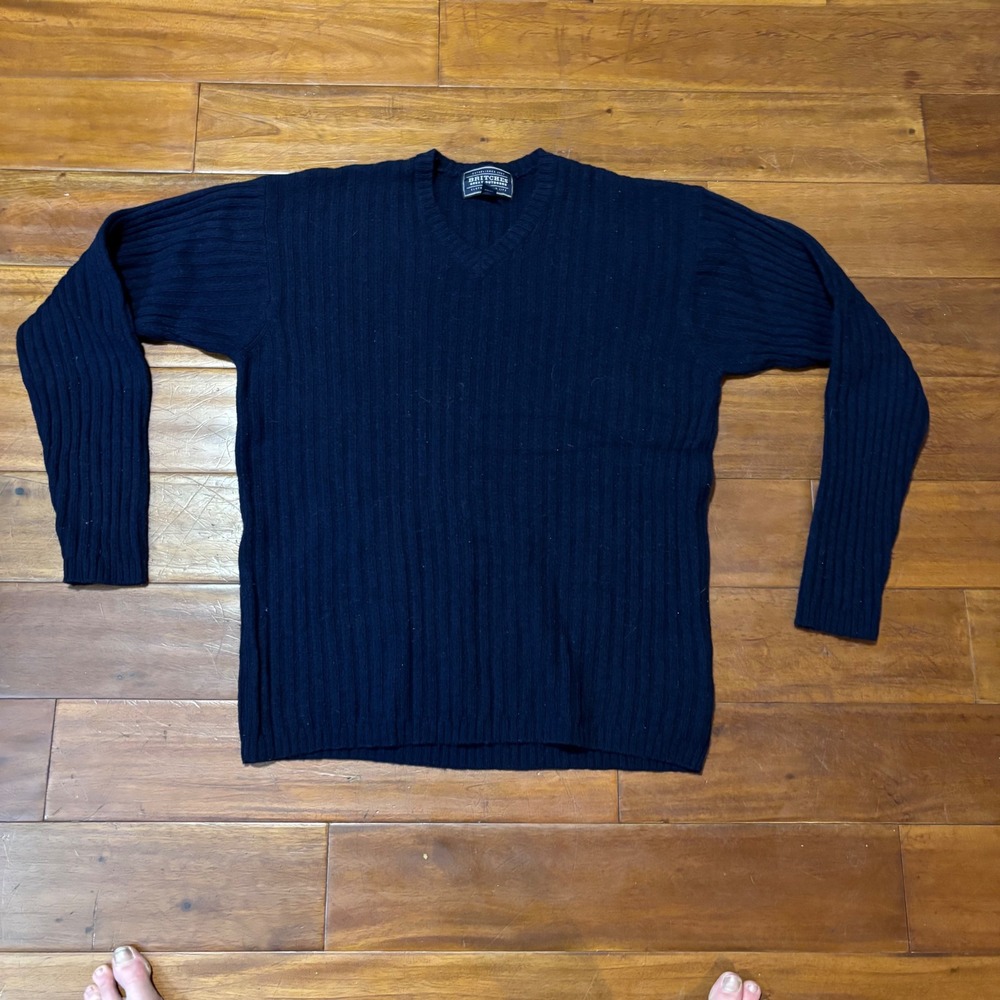 Vintage Britches 100% Lambswool Navy Ribbed Sweater V-Neck Grandpacore Retro| XL